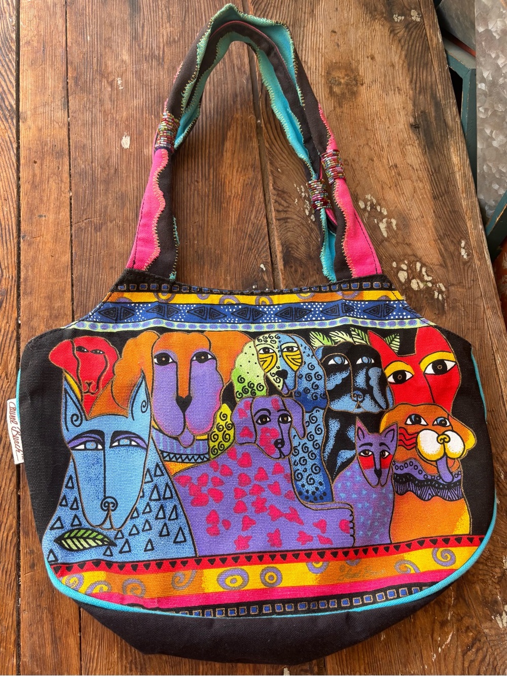 Vintage Laurel Burch Bag Hand Tote Multicolor Dogs Cats Art Canvas Purse Boho